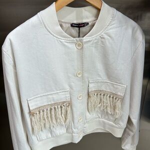 Stylish Cream Bomber Jacket with Fringe by [Brand]